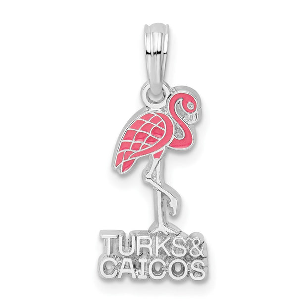 Sterling Silver Rhodium-plated Enamel Turks Caicos w/Flamingo Pendant