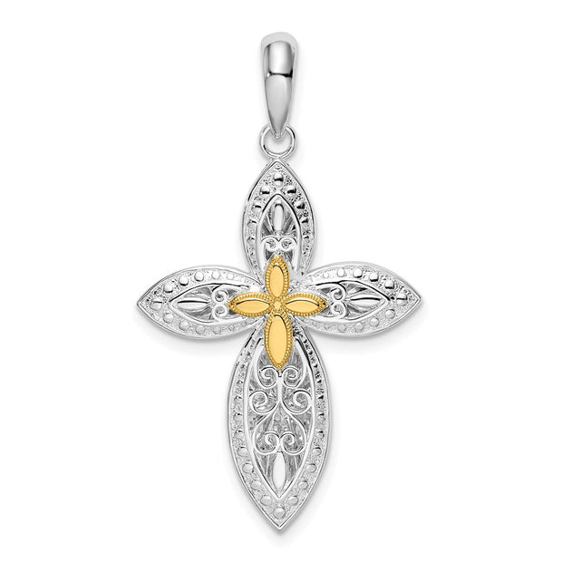 Sterling Silver Polished Filigree Cross w/14k Accent Pendant