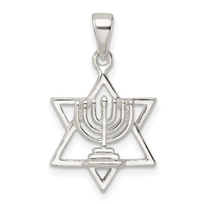 Sterling Silver Polished and D/C Star of David w/Menorah Pendant